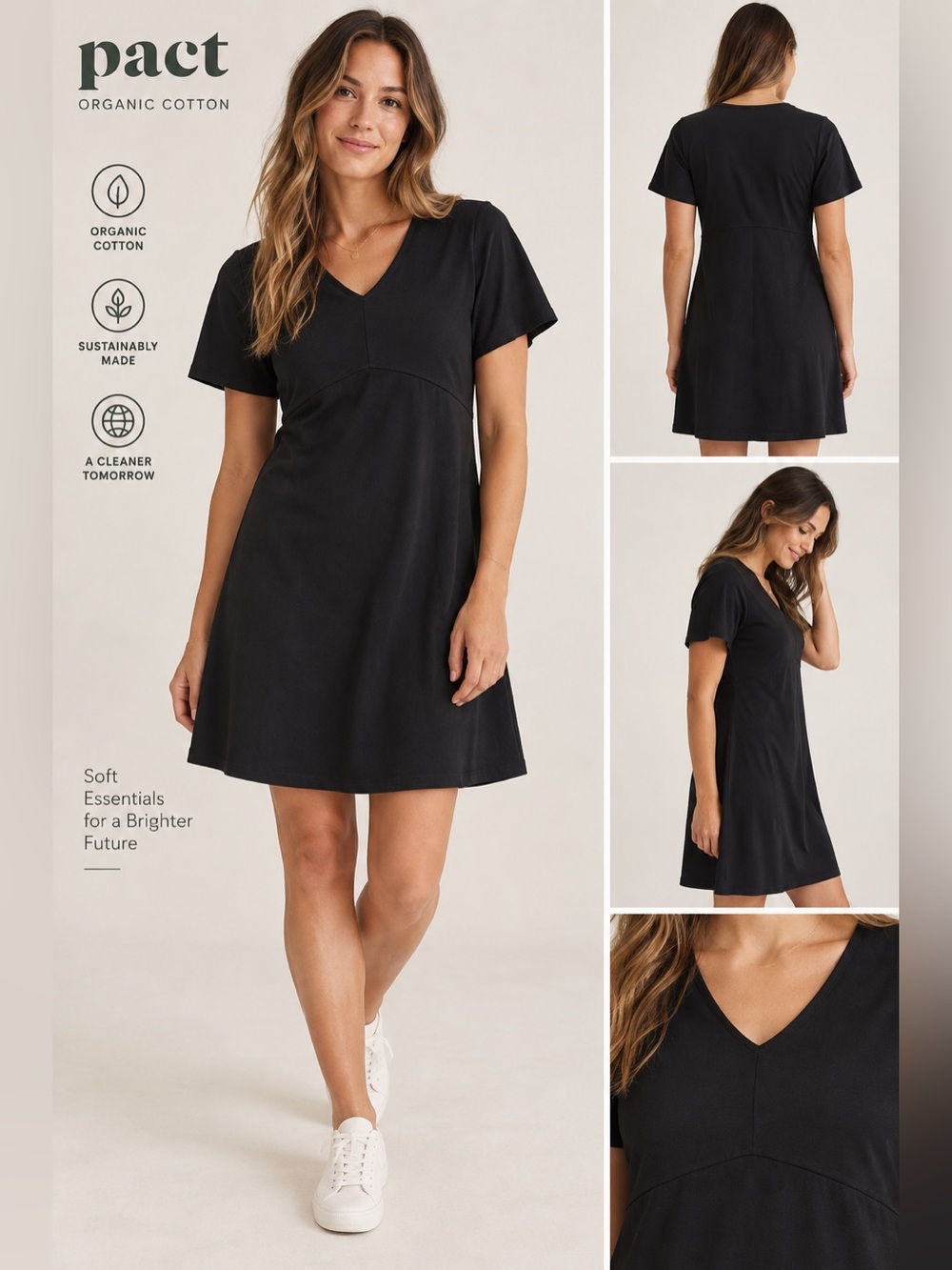 Pact Organic Cotton Black Flutter Sleeve V-Neck Dress Size Large